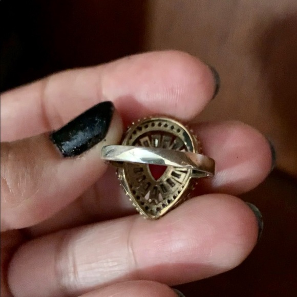 Teardrop Ruby Topaz & Crystal Baguettes Oval Cocktail Accent Ring Size 8 - Picture 9 of 11